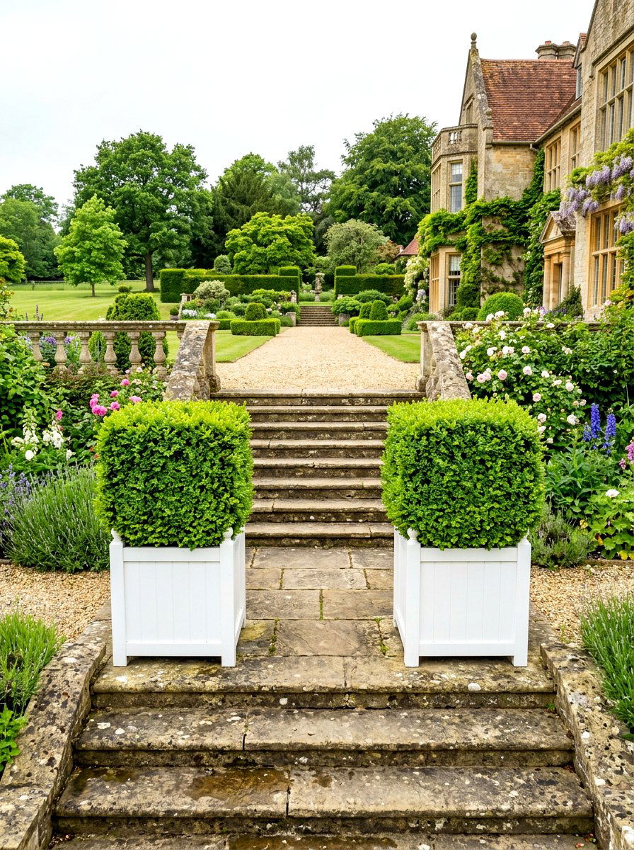 Classic Boxwood Hedge - 30 porch steps flower pot ideas