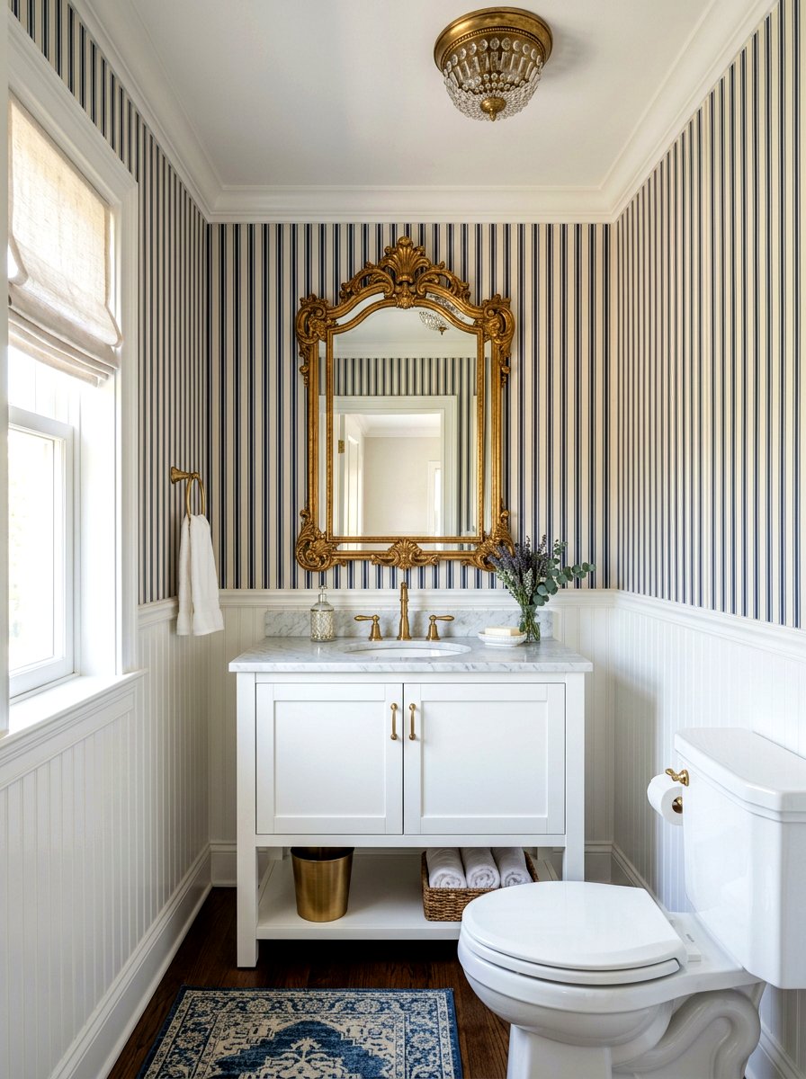 Classic French Ticking Stripe Wall - 30 stripe powder bath ideas