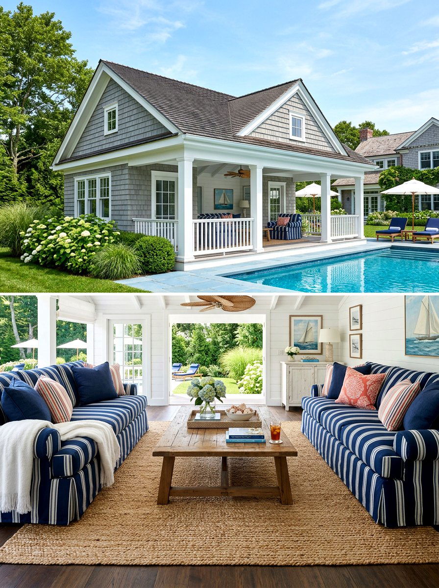 Classic Hamptons Pool Cabana - 30 pool house lounge backyard ideas