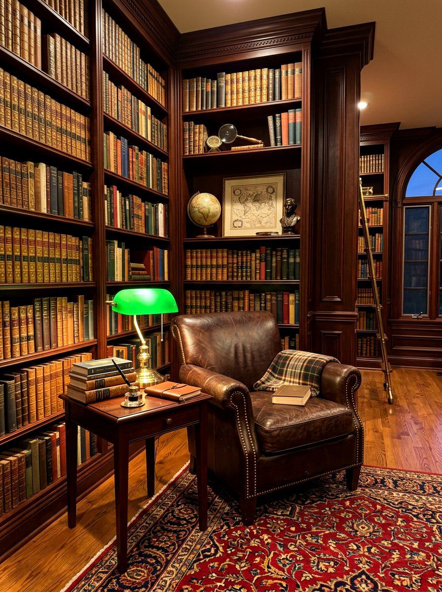 Classic Library Green Lamp - 30 reading lamp corner ideas