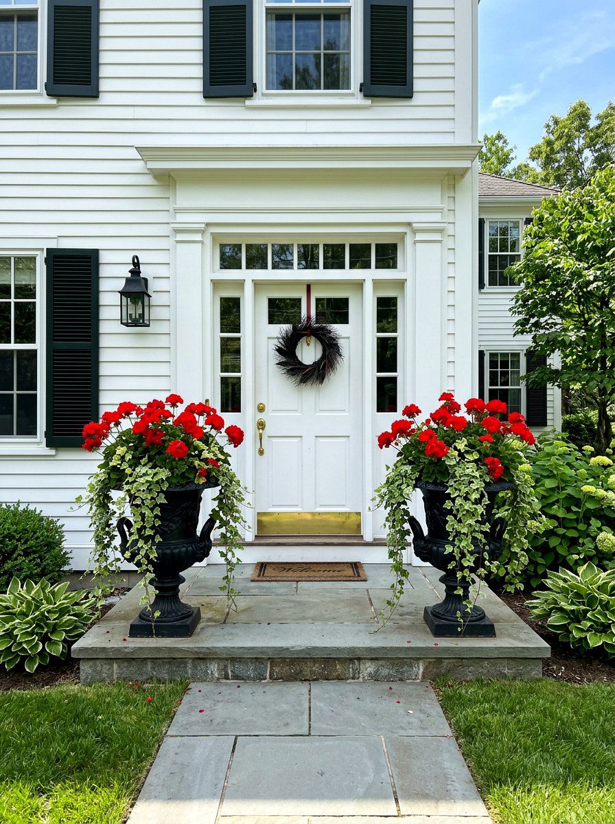 Classic Red Geraniums and Ivy - 30 porch planter arrangement ideas for summer