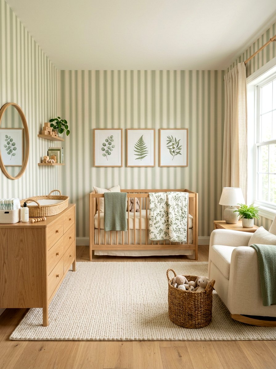 Classic Sage Green Stripe Nursery - 30 stripe nursery wallpaper ideas