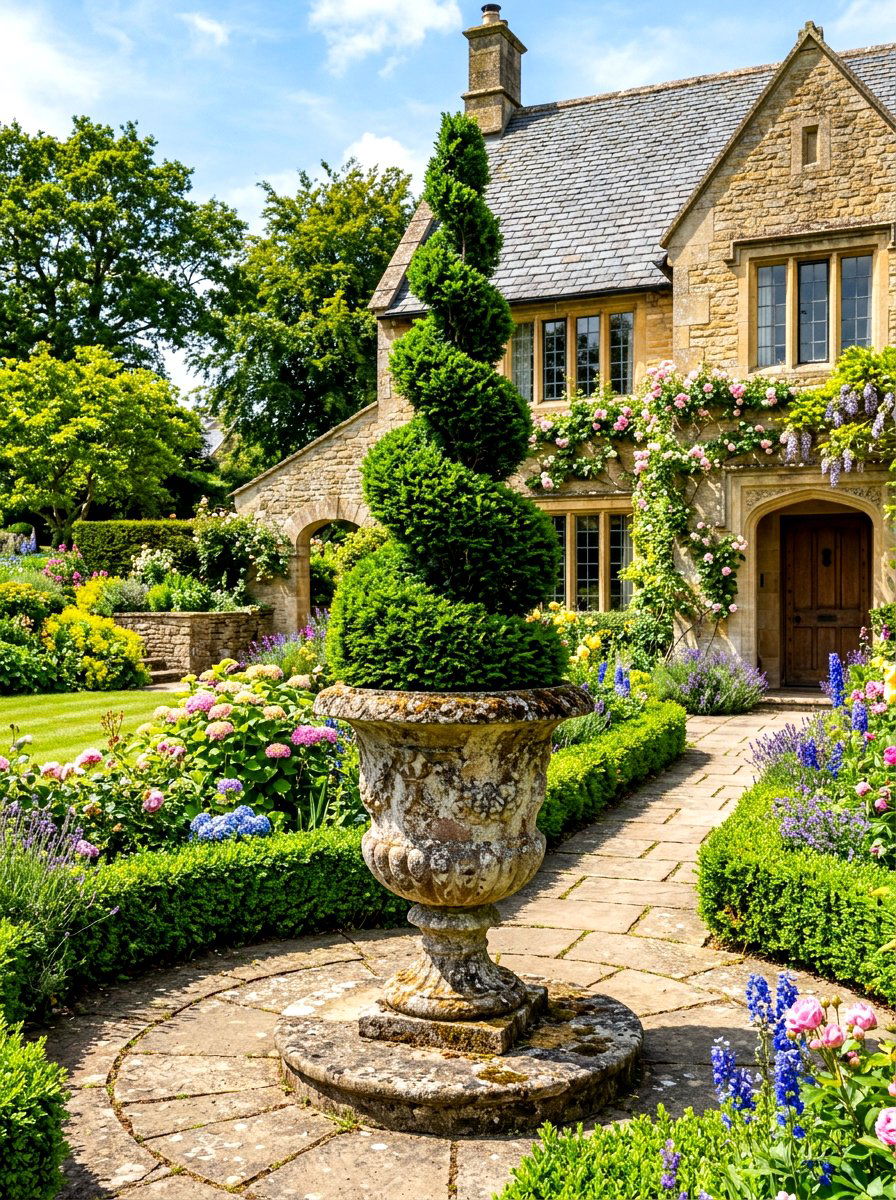 Classic Stone Urn Topiary - 30 front porch topiary ideas