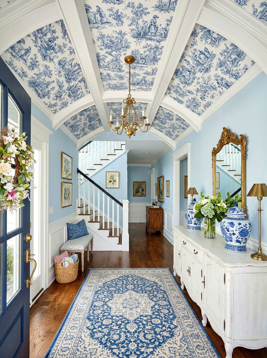 Classic Toile Wallpaper Foyer - 30 wallpapered foyer ceiling ideas