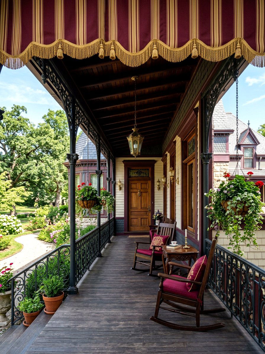 Classic Victorian Striped Porch Shade - 30 striped awning front porch ideas