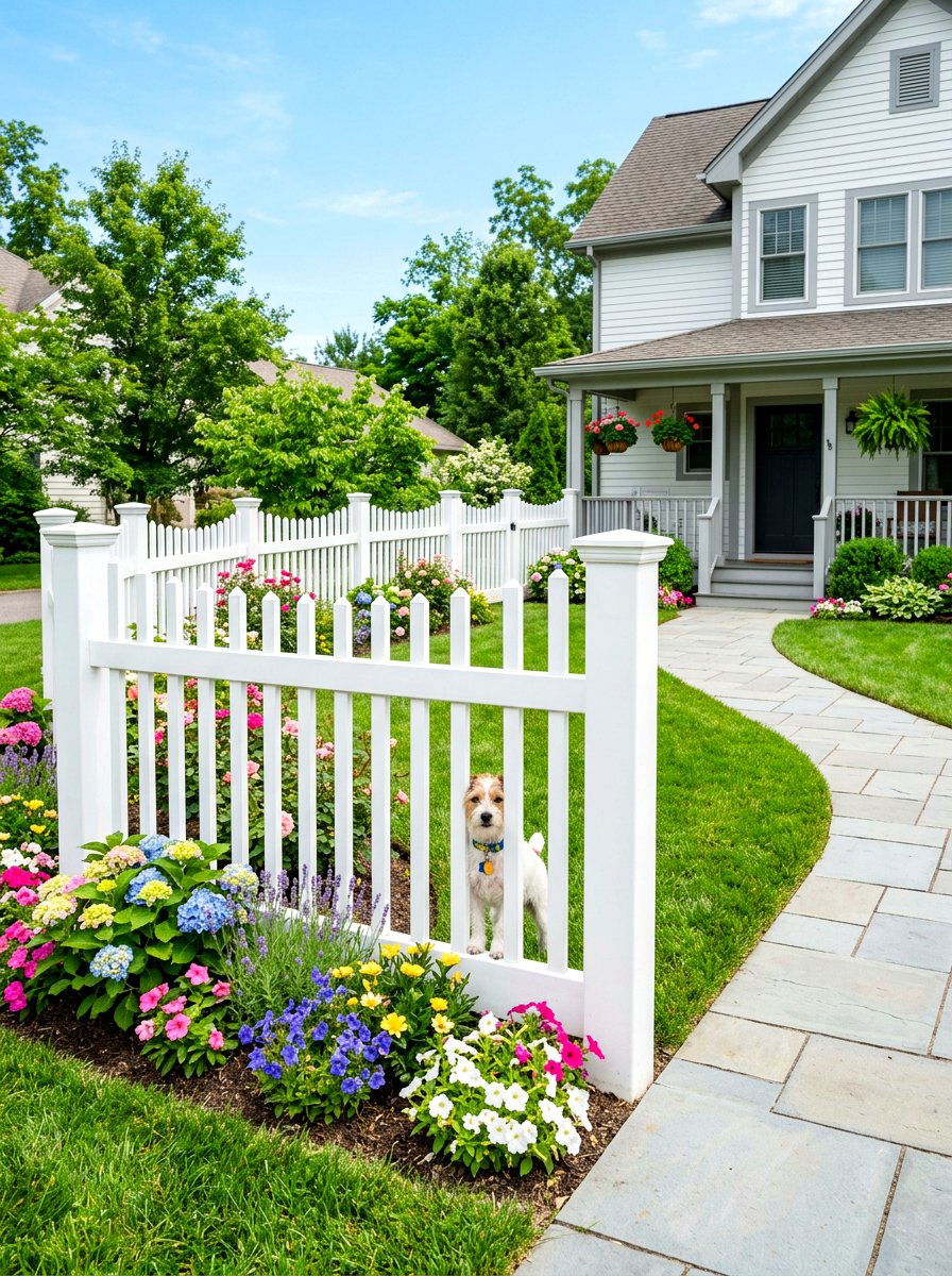 Classic White Vinyl Picket Yard - 30 dog fence ideas