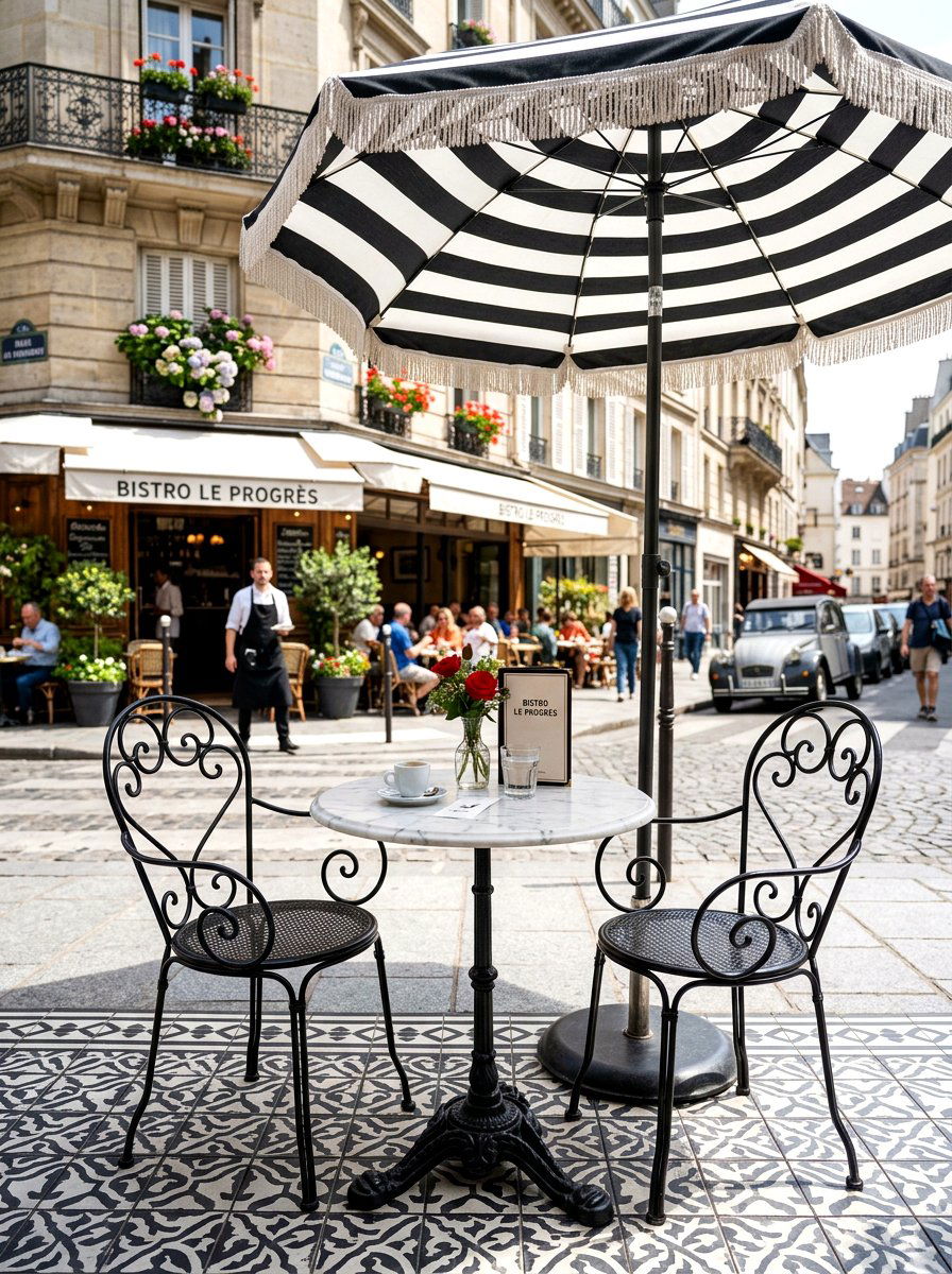 Classic bistro set on monochrome patio - 30 black and white patio ideas