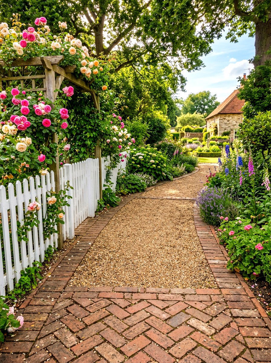 Classic brick and gravel walkway - 30 gravel border garden ideas