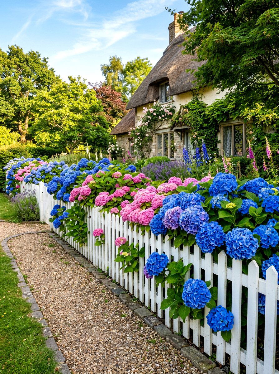 Classic hydrangea hedge border - 30 border planting ideas along fence