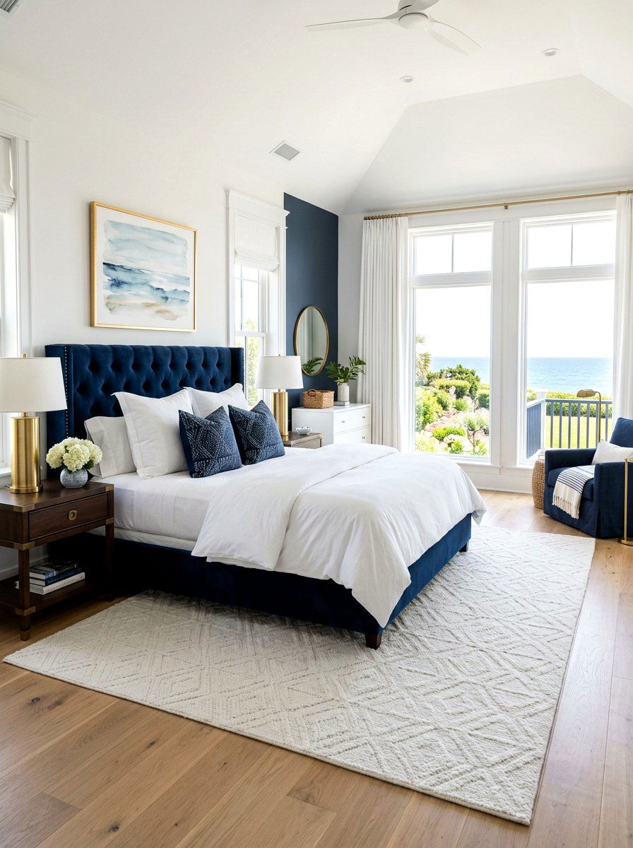 Classic navy and white master bedroom - 30 coastal bedroom ideas