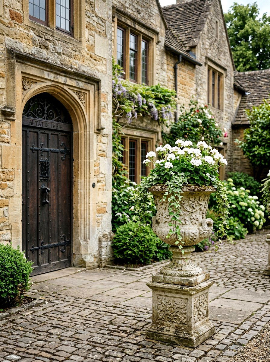 Classic stone entryway urn - 30 porch urn planter ideas