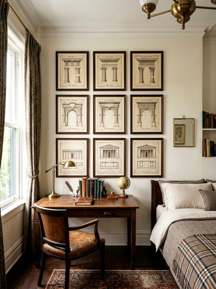 Classical architecture prints - 30 light academia bedroom ideas