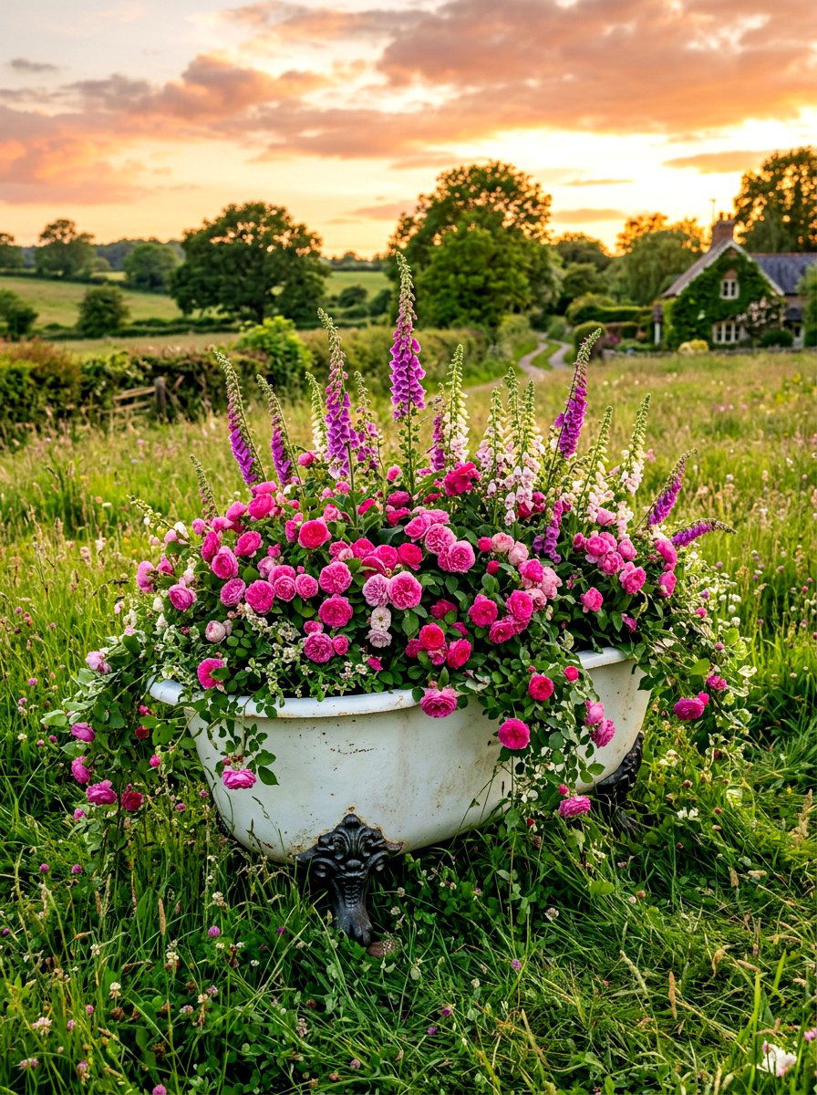 Clawfoot Bathtub Flower Bed - 30 repurposed garden decor ideas