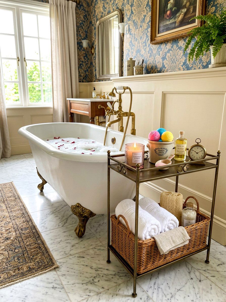 Clawfoot Tub Side Table Basket - 30 bathroom basket storage ideas