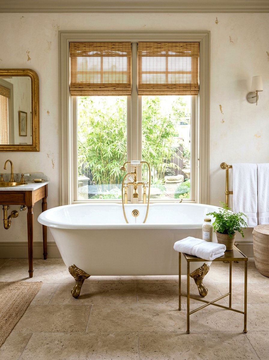 Clawfoot tub with brass fixtures - 30 coastal grandmother bathroom ideas