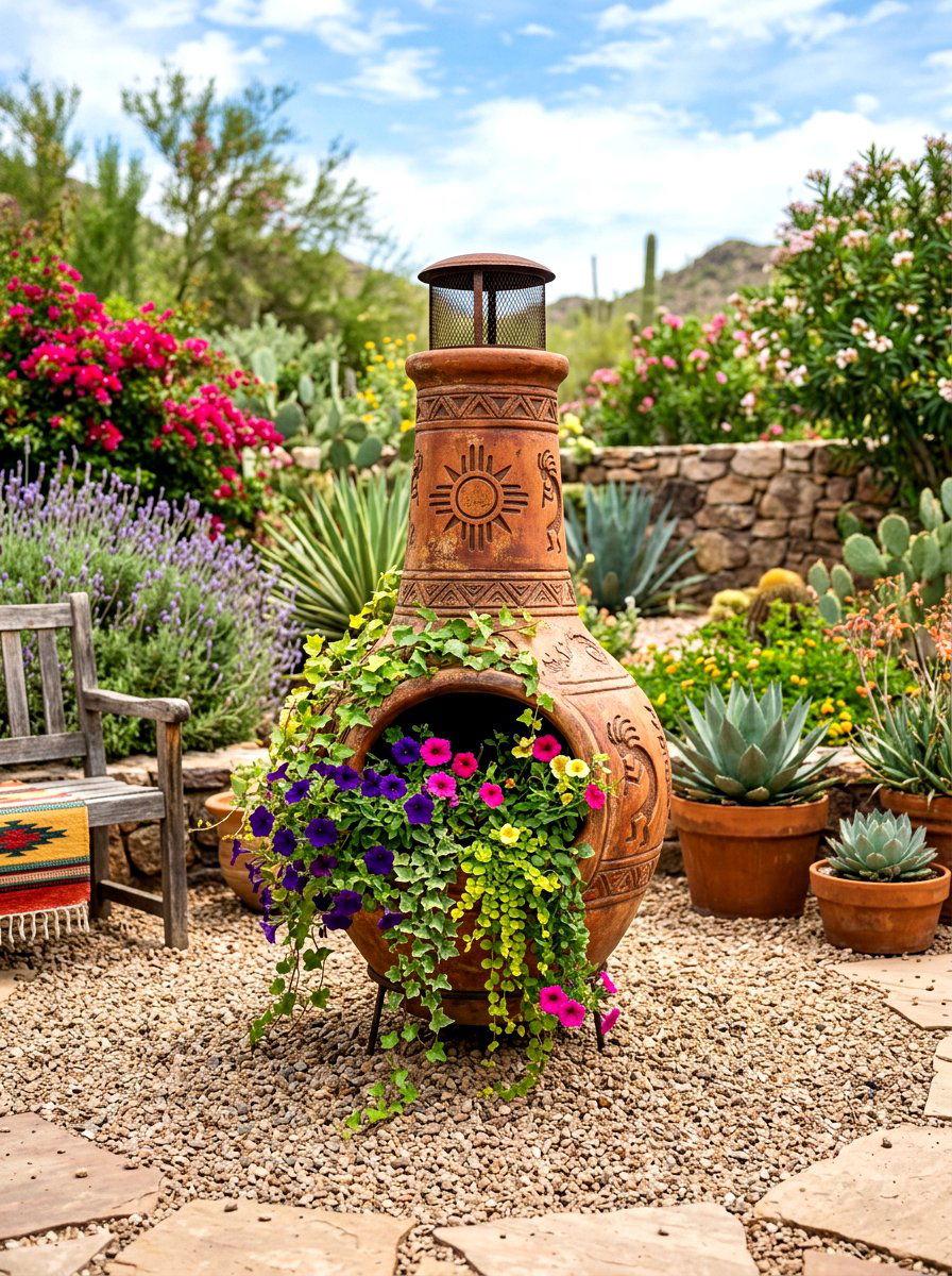 Clay Chiminea Planter - 30 rustic container garden ideas