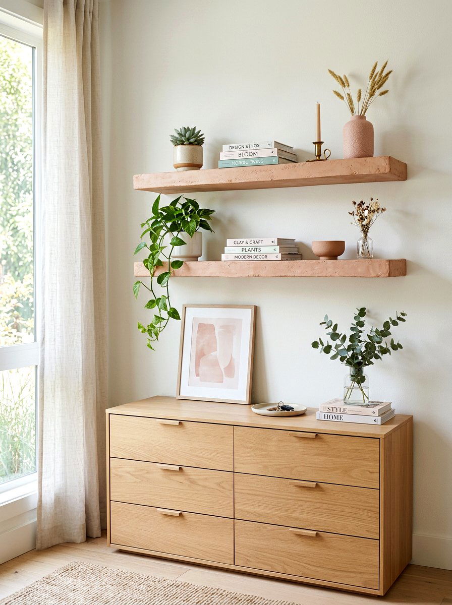 Clay Floating Shelves - 30 clay and blush bedroom ideas