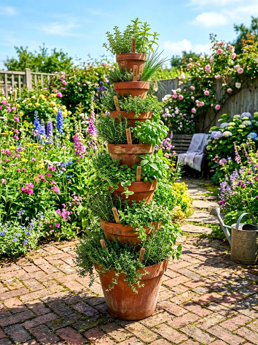 Clay Pot Herb Tower - 30 patio herb garden ideas