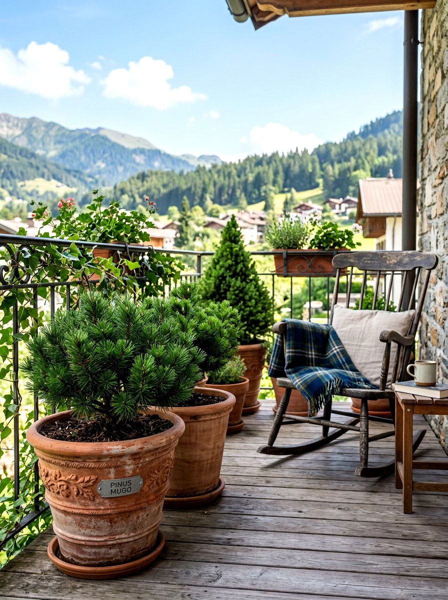 Clay Pots With Dwarf Conifers - 30 balcony privacy planter ideas