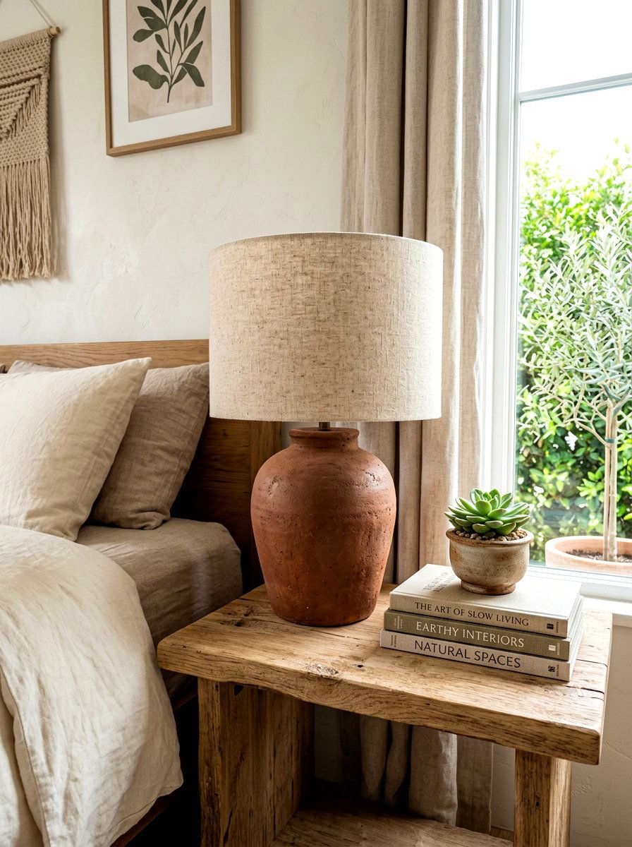 Clay Table Lamp - 30 earthy bedroom decor ideas
