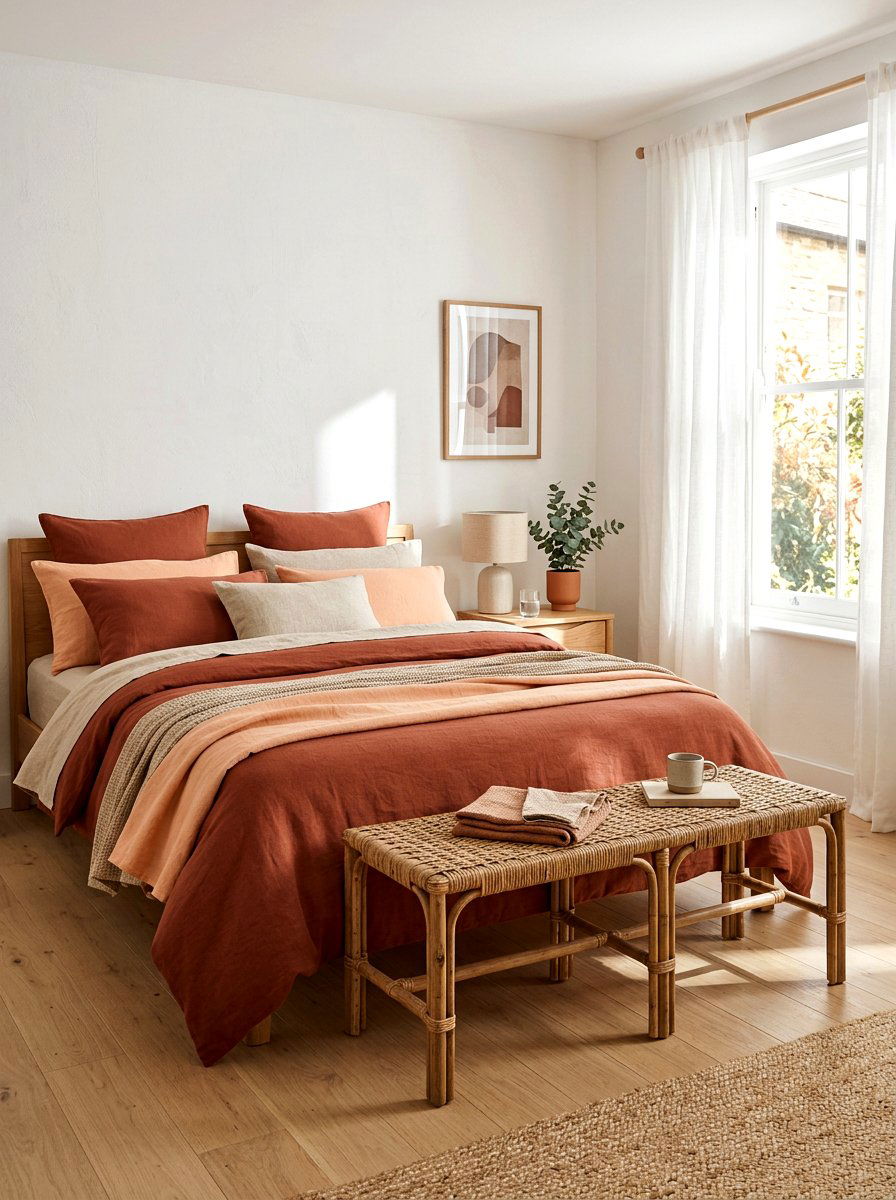 Clay and linen bedding bedroom - 30 clay color bedroom ideas