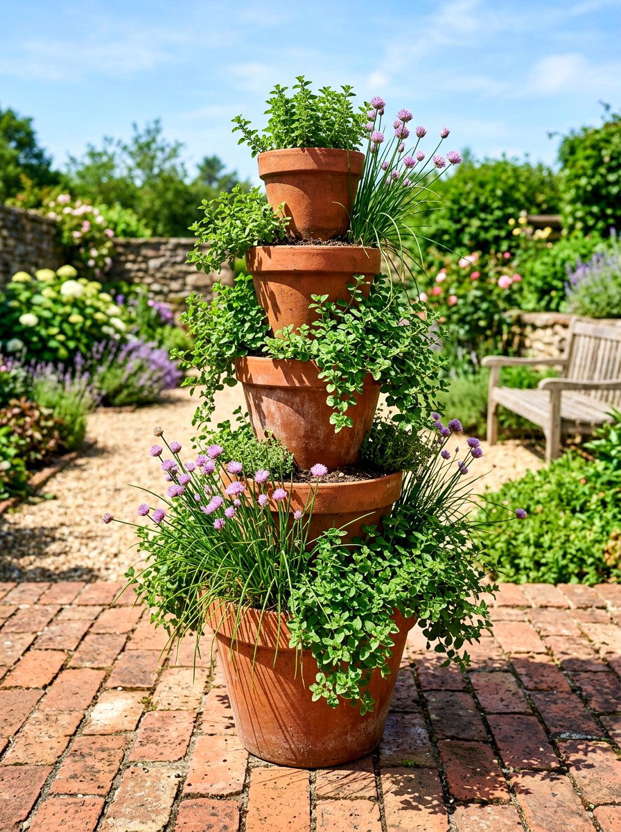 Clay pot herb tower - 30 backyard herb garden ideas