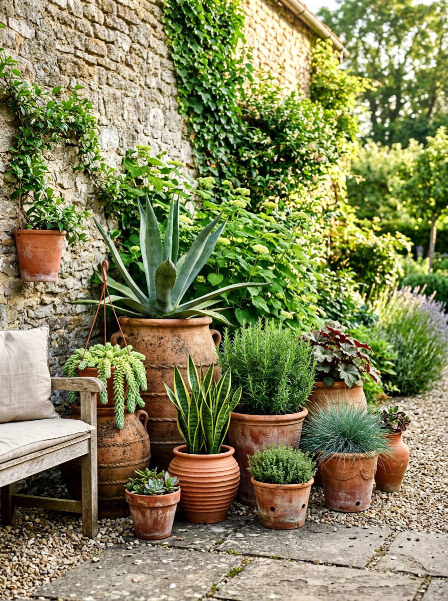 Clay pot planter arrangement - 30 warm minimalist patio ideas