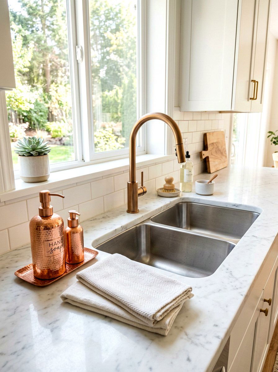 Clean Sink Area With Copper Soap Dispenser - 30 copper kitchen accent ideas