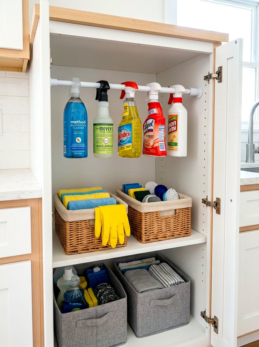 Cleaning Tension Rod - 30 organizing cleaning supplies ideas