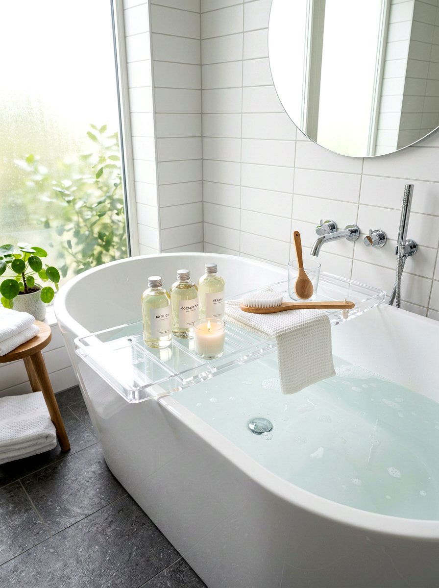 Clear Acrylic Bathtub Caddy - 30 bath tray styling ideas