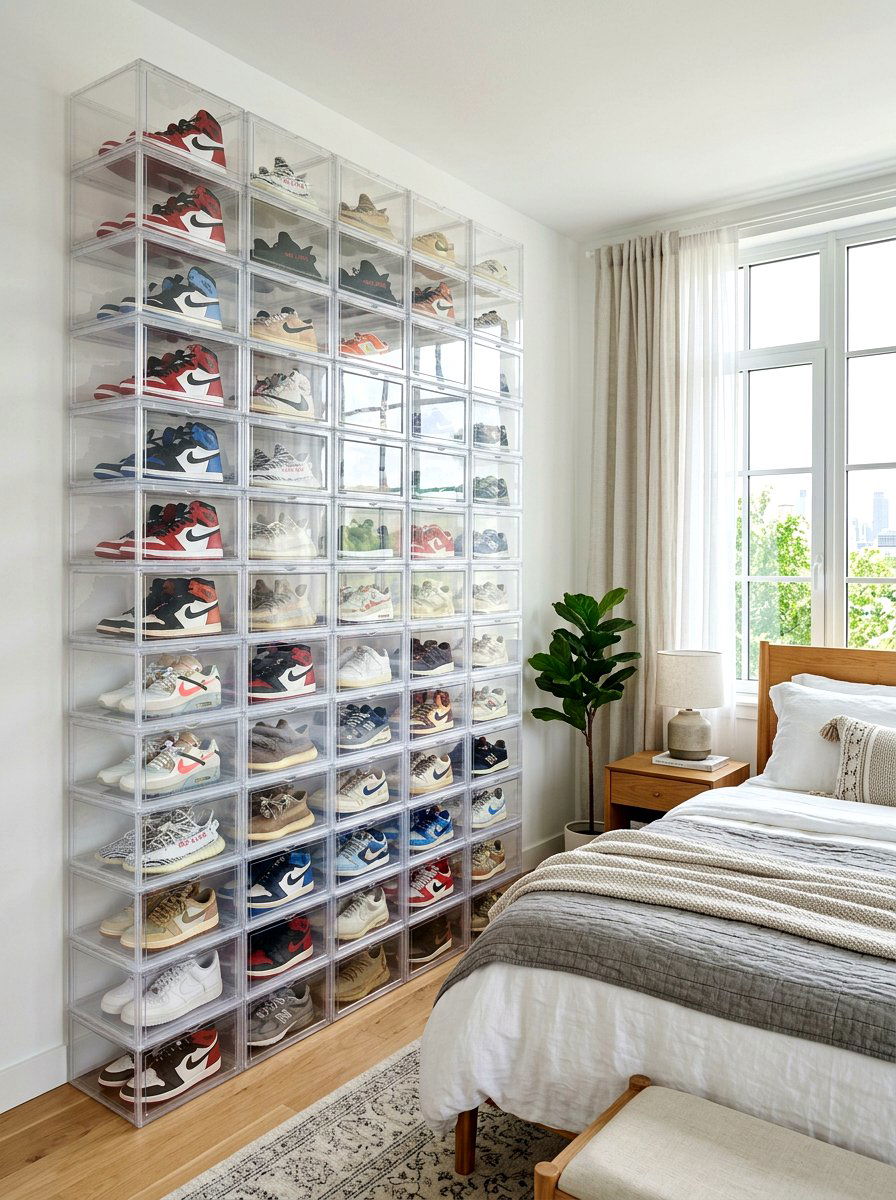 Clear Acrylic Shoe Boxes - 30 apartment shoe wall ideas