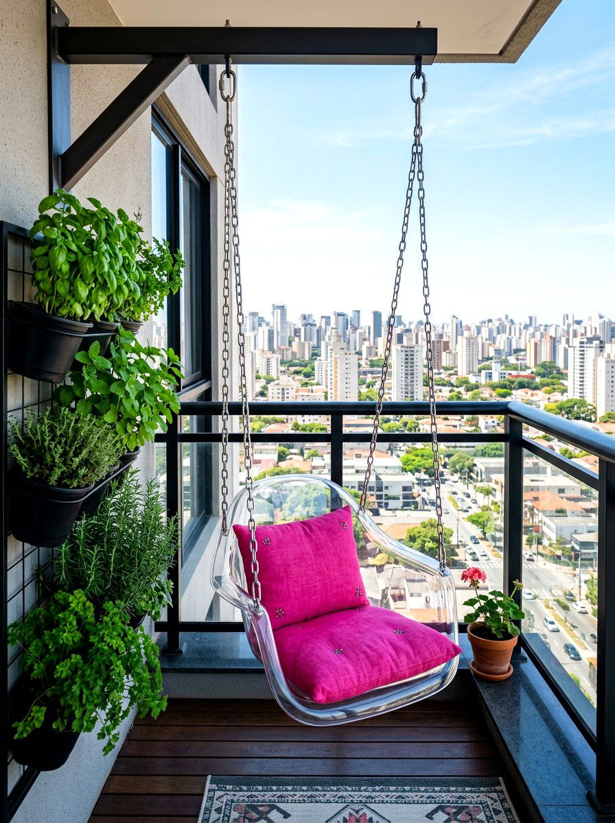 Clear Acrylic Swing Balcony - 30 hanging chair patio ideas
