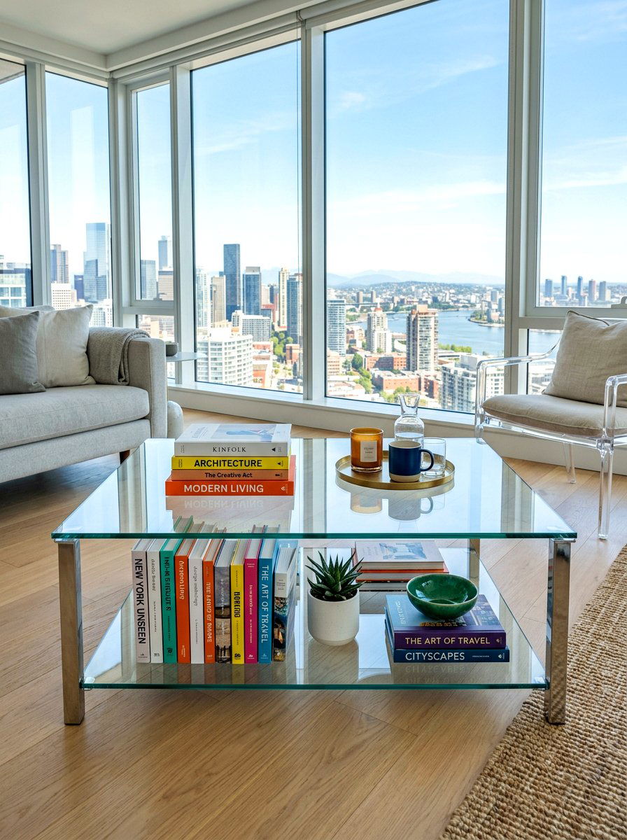 Clear Glass Table Book Arrangement - 30 coffee table book styling ideas