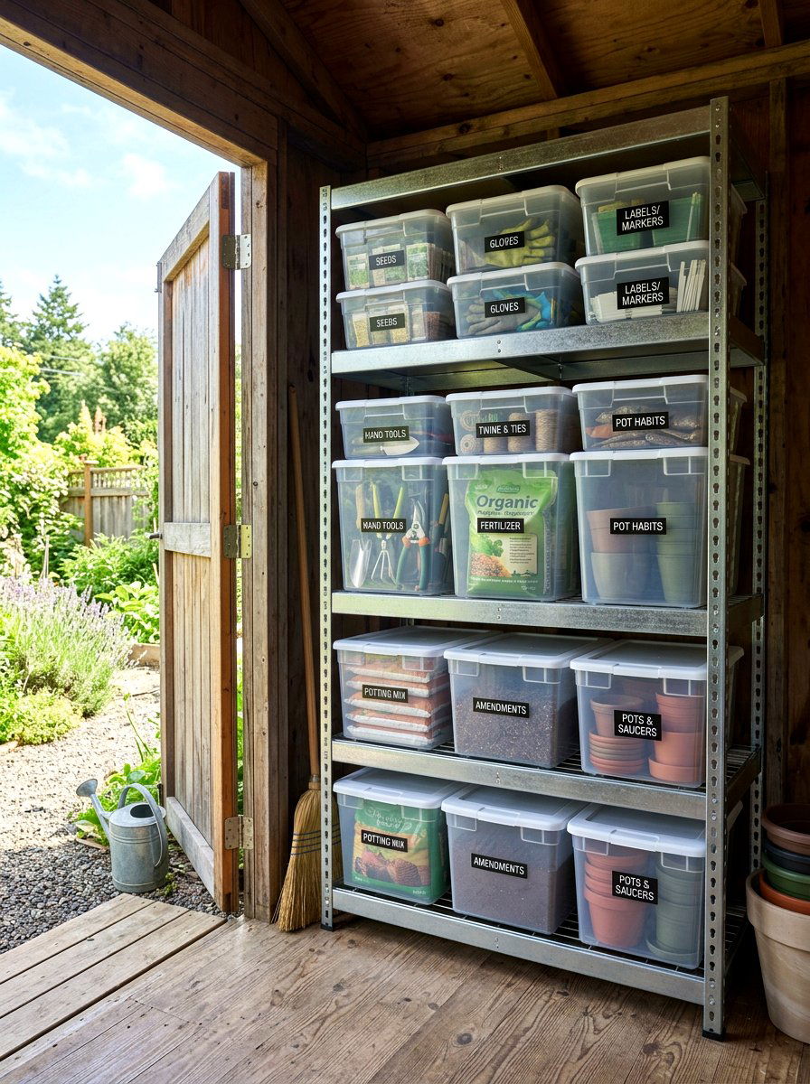 Clear Plastic Bins - 30 garden shed storage ideas