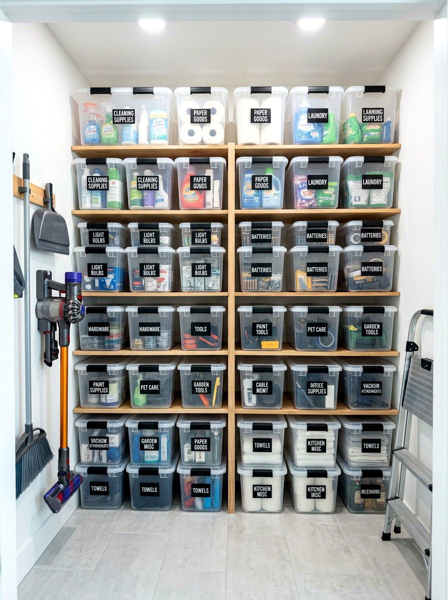 Clear Plastic Bins - 30 utility closet shelving ideas