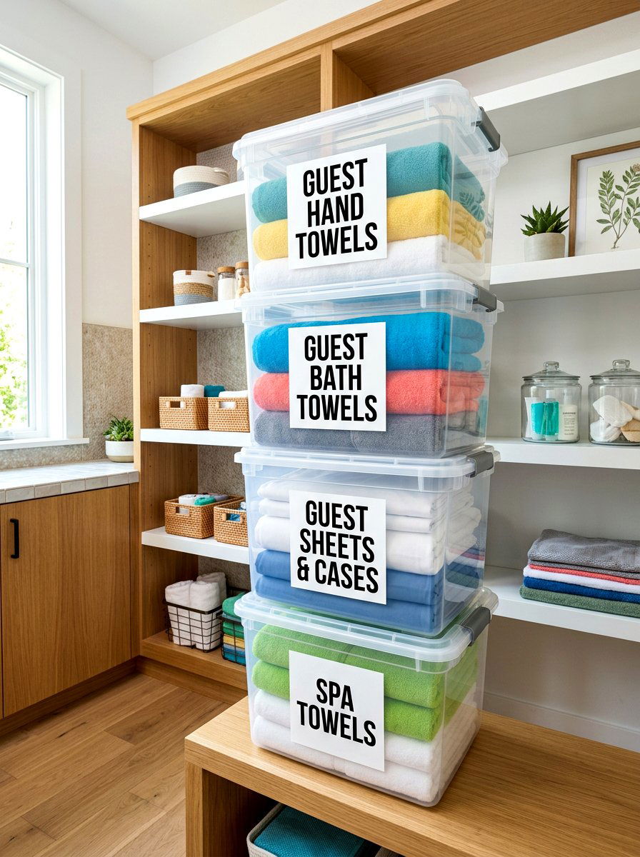 Clear Plastic Linen Bin - 30 linen closet ideas