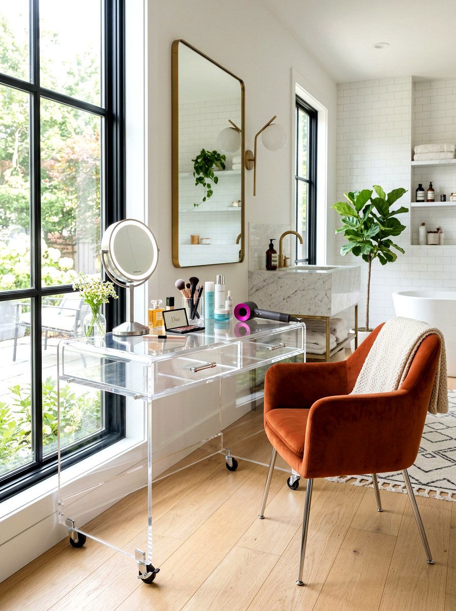 Clear Rolling Vanity Table - 30 aesthetic bathroom cart ideas