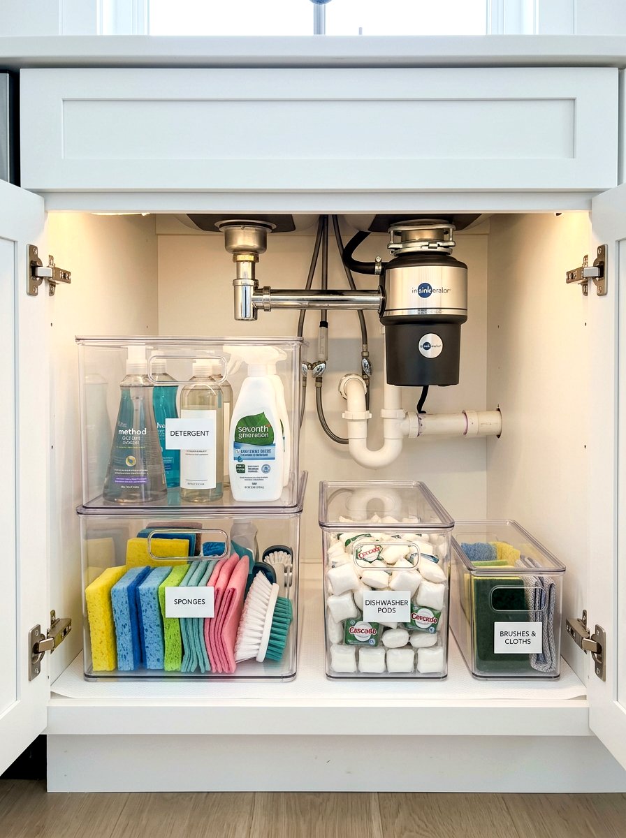 Clear Stackable Bin Arrangement - 30 under sink kitchen organization ideas