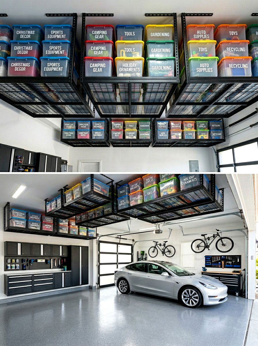Clear Tote Overhead Storage - 30 garage overhead rack ideas