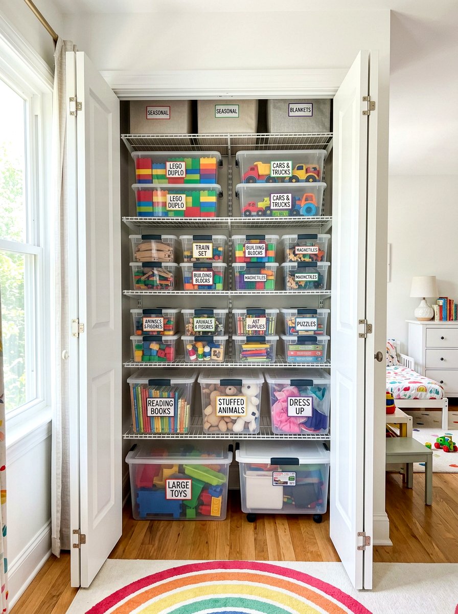 Clear Toy Bins - 30 toddler bedroom storage ideas