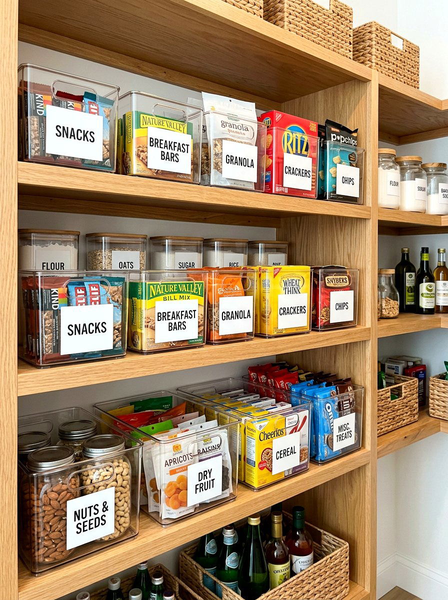 Clear acrylic bins - 30 pantry snack zone ideas