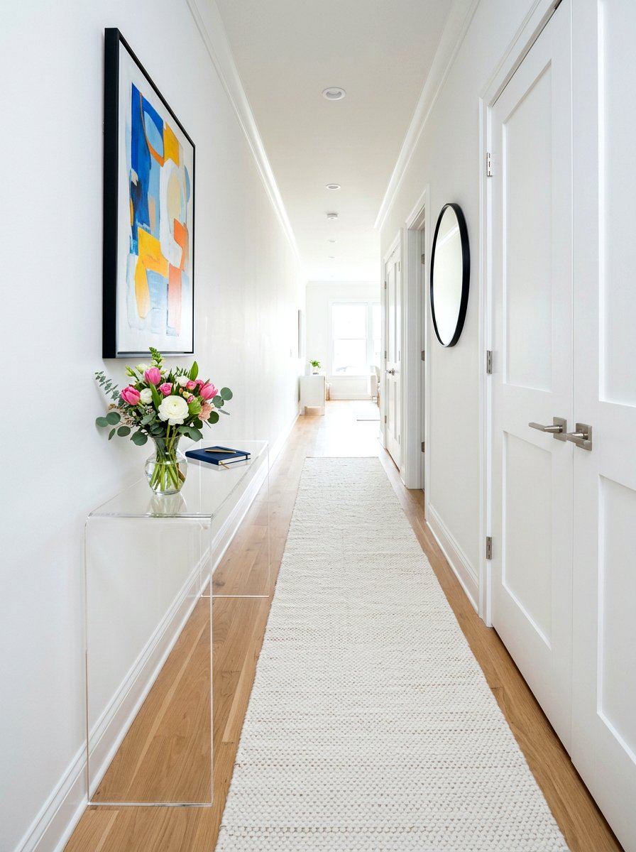 Clear acrylic furniture for hallway - 30 narrow rental hallway ideas