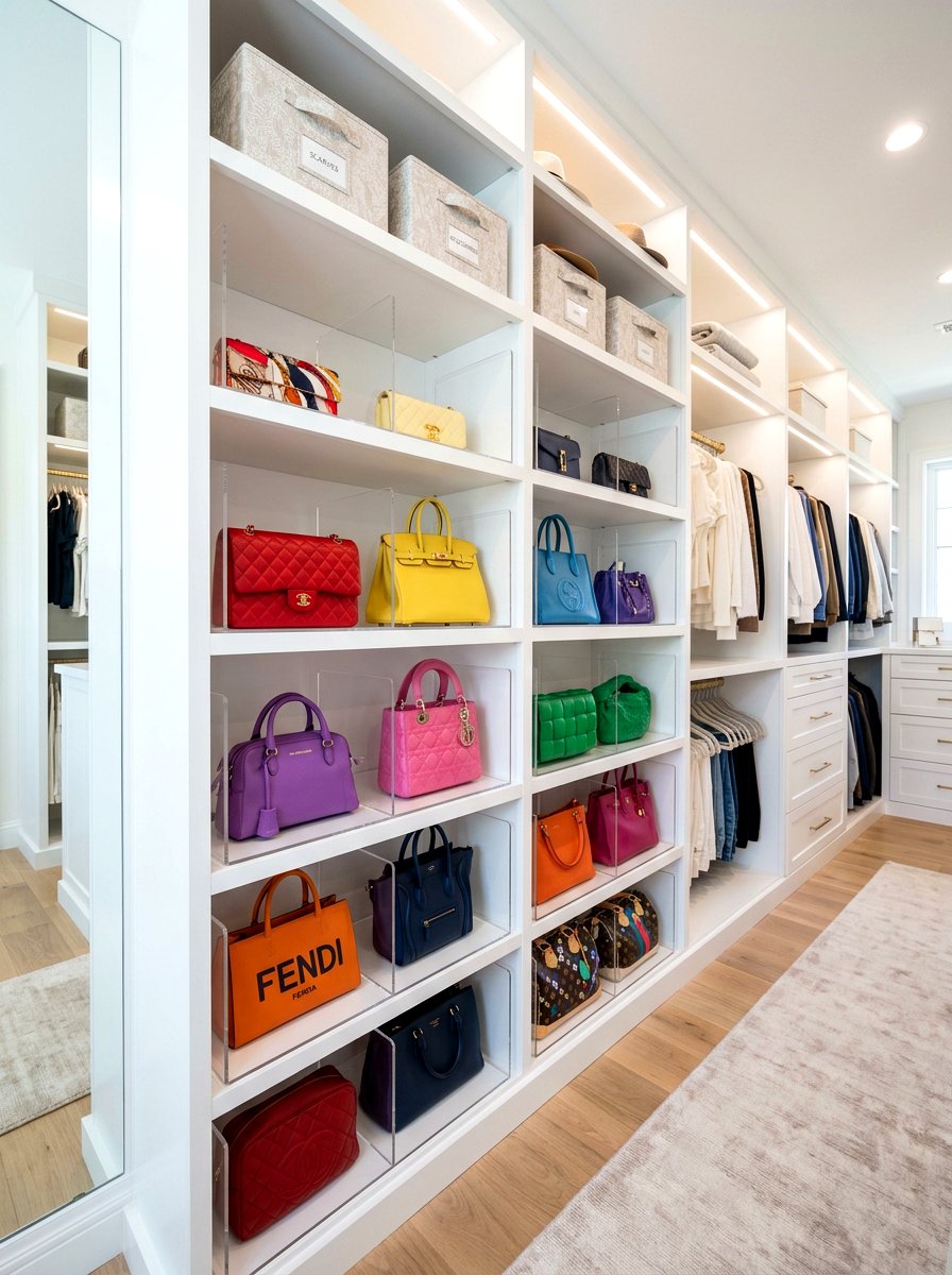 Clear acrylic shelf dividers - 30 purse display closet ideas