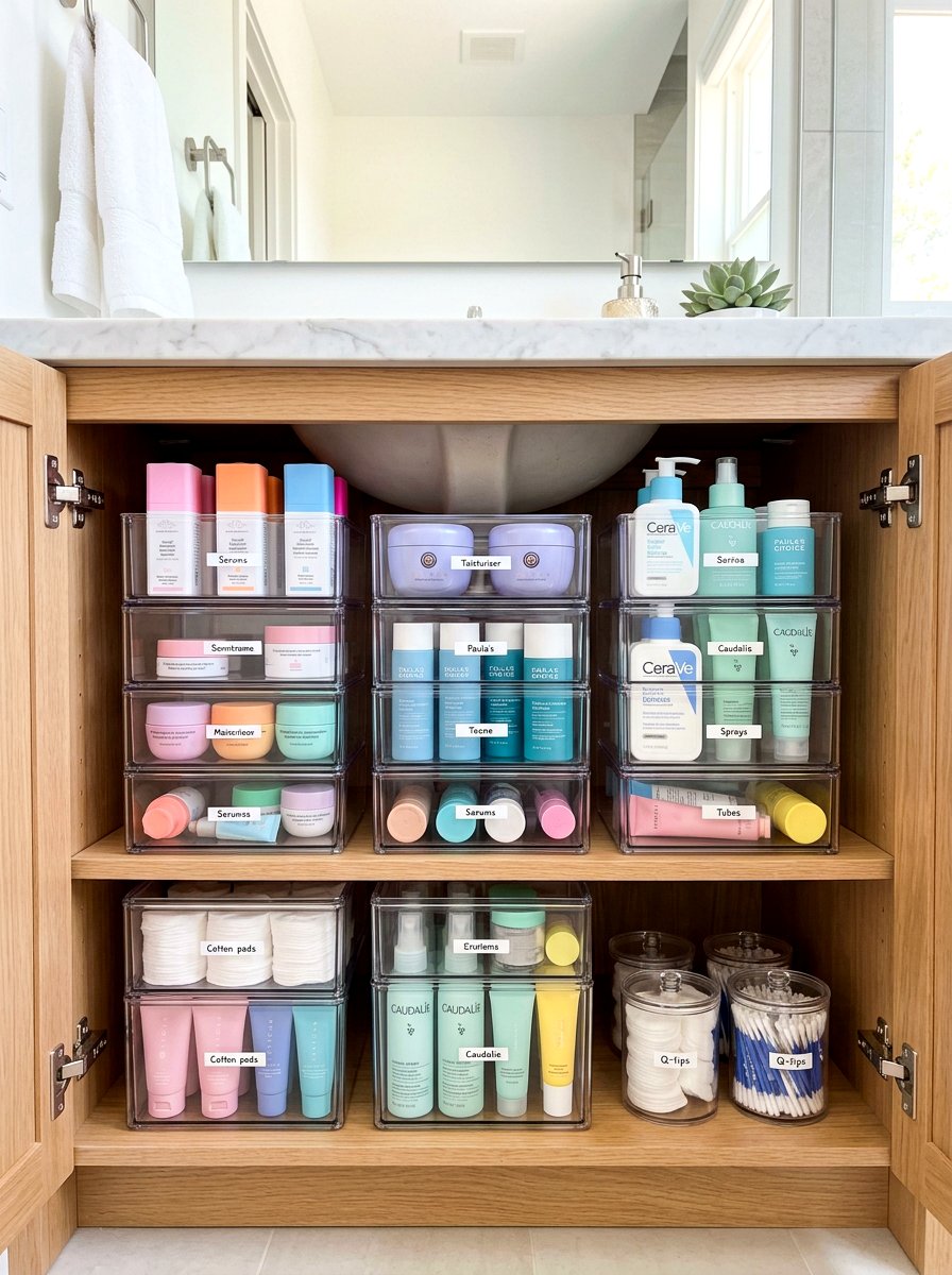 Clear acrylic stackable bins - 30 organizing under sink storage ideas