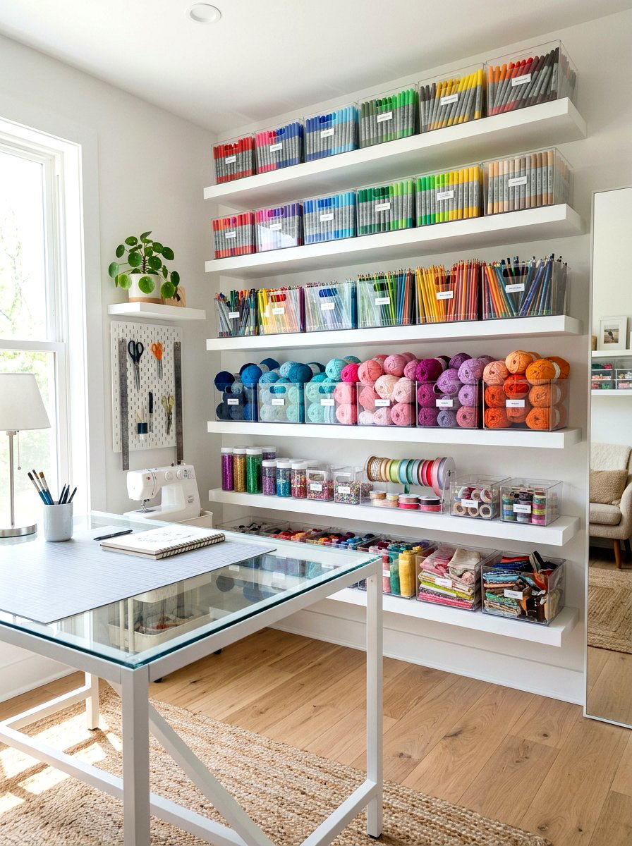 Clear acrylic supply bins - 30 kids craft room ideas