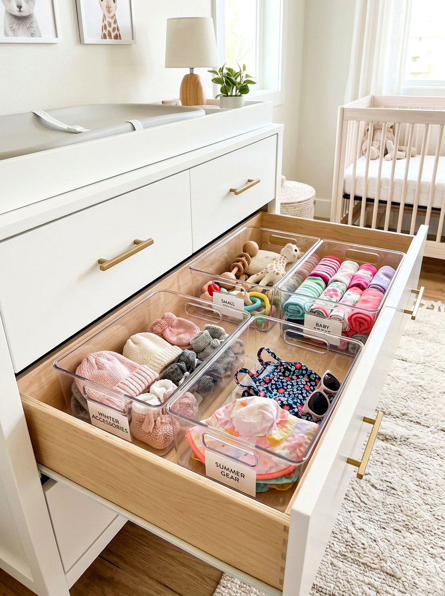 Clear plastic bins - 30 nursery dresser organization ideas