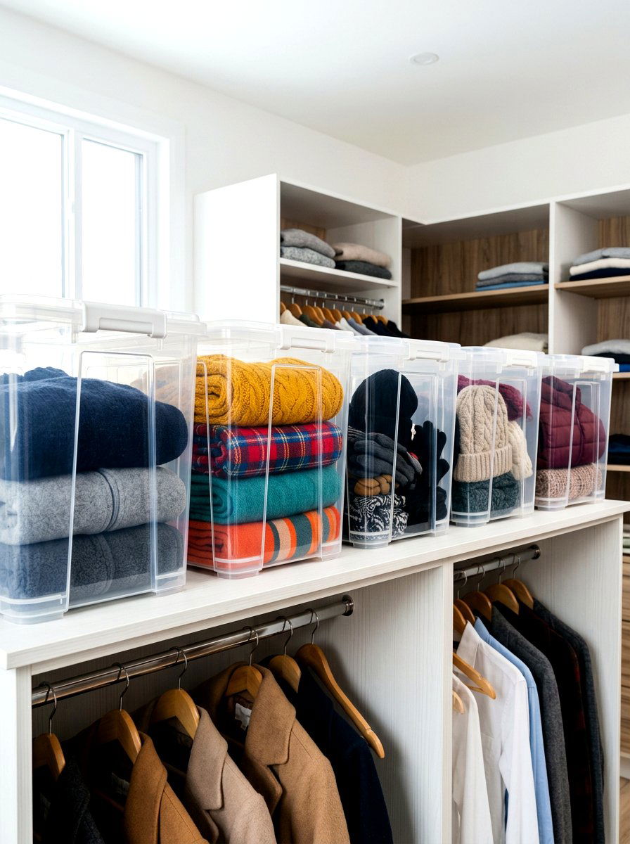 Clear plastic bins - 30 organizing a coat closet ideas