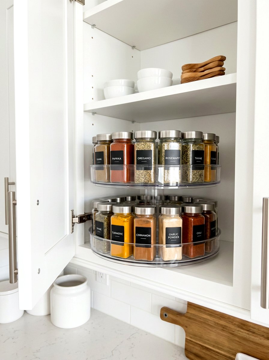 Clear plastic turntable for spices - 30 lazy Susan pantry ideas