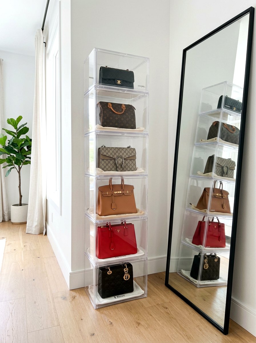Clear stackable box - 30 handbag storage ideas