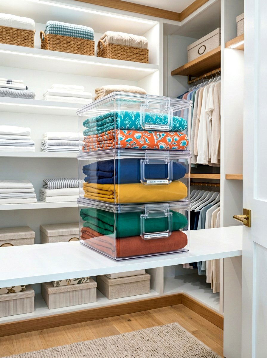 Clear stackable containers - 30 bedding storage ideas